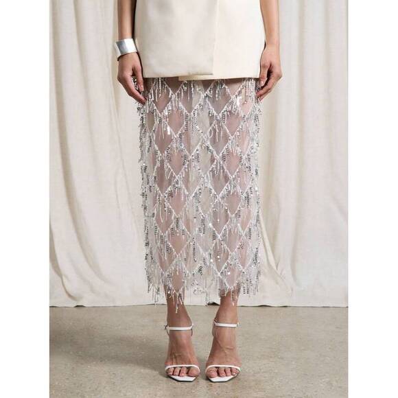 Dresses & Skirts - AiiRZ Embellished Pencil Maxi Skirt Wedding Reception Beaded Crystal Net Overlay